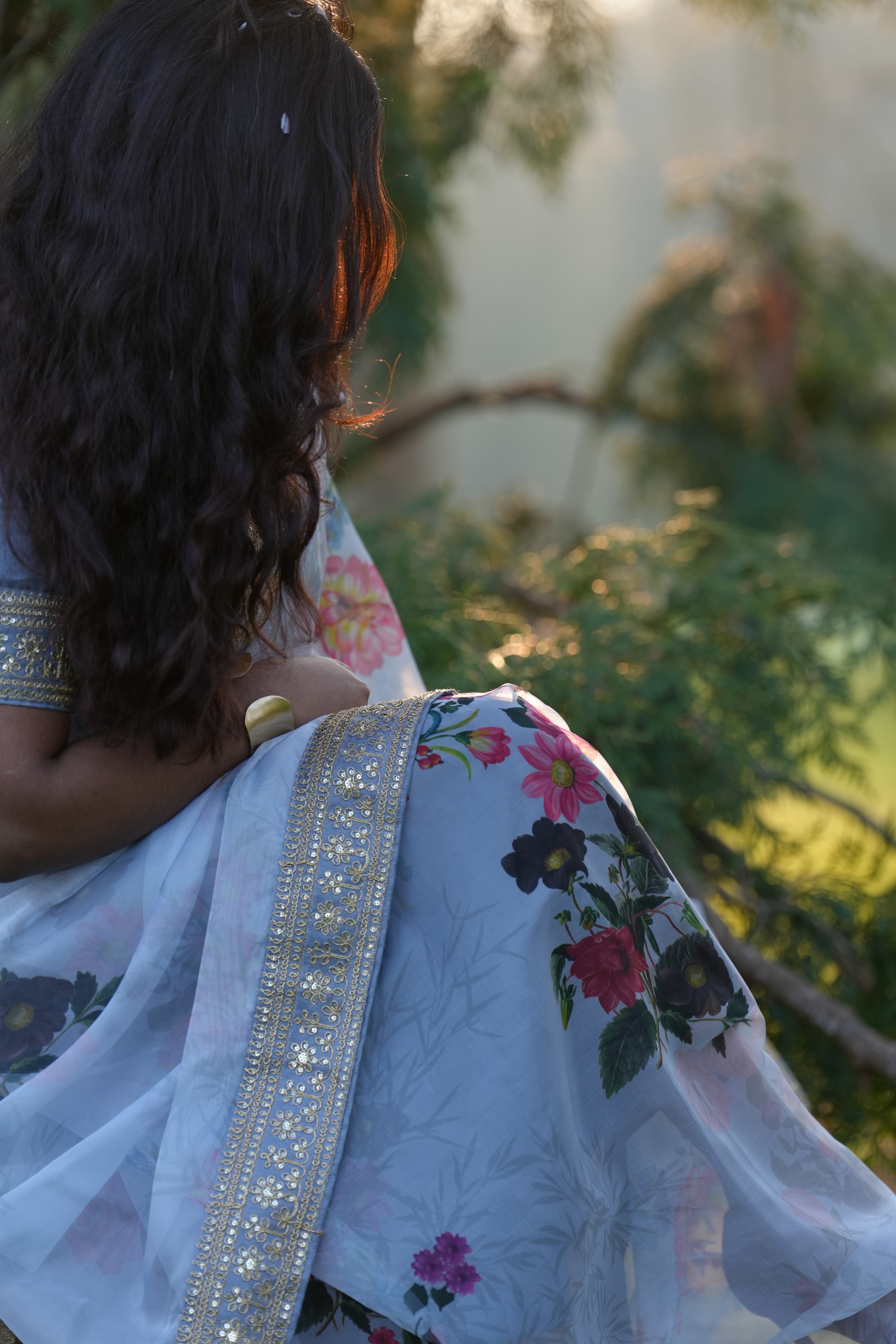 Grey saree, delicate silver border